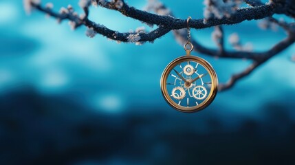 Fototapeta premium Tree with watch gears hanging from its branches, symbolizing the intersection of growth and time.