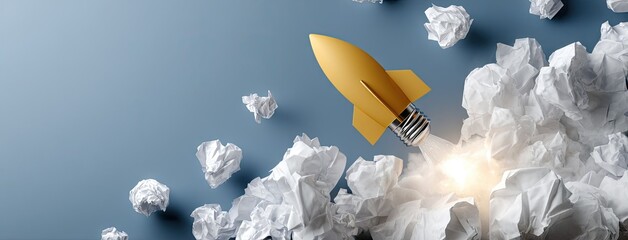 Creative concept showcasing a yellow paper airplane rocket on a light bulb with crumpled white balls on an abstract background representing innovative thinking and business success