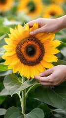 Fototapeta premium Hands gently touch vibrant petals of blooming sunflower in lush field