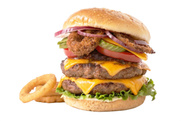 Juicy Double Cheeseburger with Onion Rings