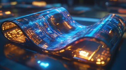 Futuristic transparent screen displaying vibrant circuitry, glowing in a high-tech workspace