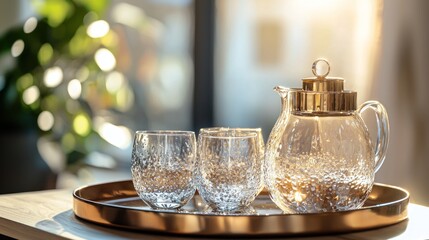 Fototapeta premium Jug alongside matching glasses on a decorative tray
