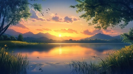 Fototapeta premium Serene sunset over mountain lake, birds flying, idyllic landscape, perfect for travel brochures