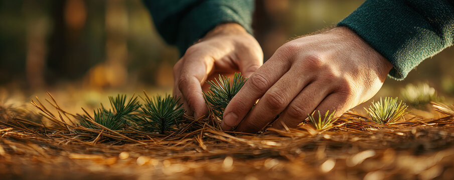Hands gently touch soft pine needles on forest floor, evoking sense of calm and connection with nature - Powered by Adobe