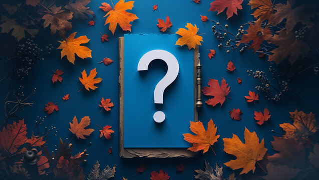 White question mark over blue book surrounded by autumn leaves symbolizing curiosity