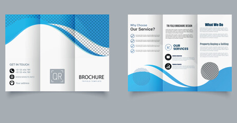 Modern Corporate Trifold Brochure Template with Blue Wave Design. Professional and clean trifold brochure template featuring a dynamic blue wave design, ideal for corporate services marketing agencies
