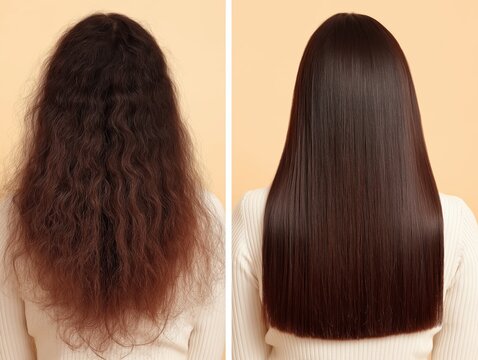 Hair treatment results shown clearly with straightened shine versus frizzed volume