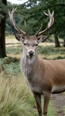 Majestic Red Deer Stag Portrait in Natural Habitat Antlers and Wild Grass Looking at Camera Brown Fur Woodland Deer Wildlife