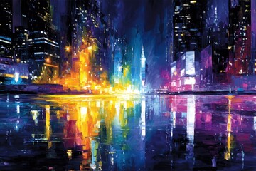 Obraz premium Vibrant impasto cityscape painting of night street with reflections in water, bright lights and colorful buildings