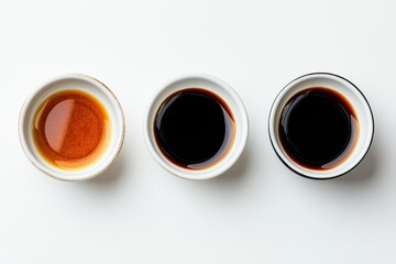 Three small bowls of sauces, different shades of brown, arranged horizontally on a white surface