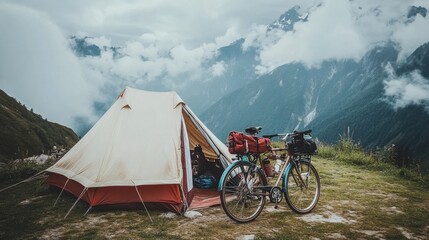 Bicycle with panniers parked beside small tent at mountain base camp