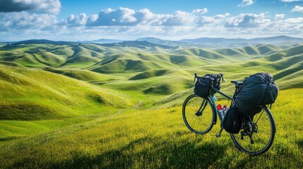 Obraz premium Bike and travel bags on grassy hillside overlooking wide open valley