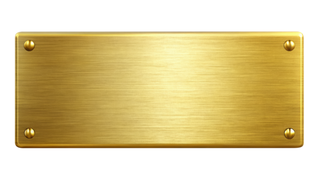 Golden Shiny Metal Nameplate isolated on transparent white background, clipping path