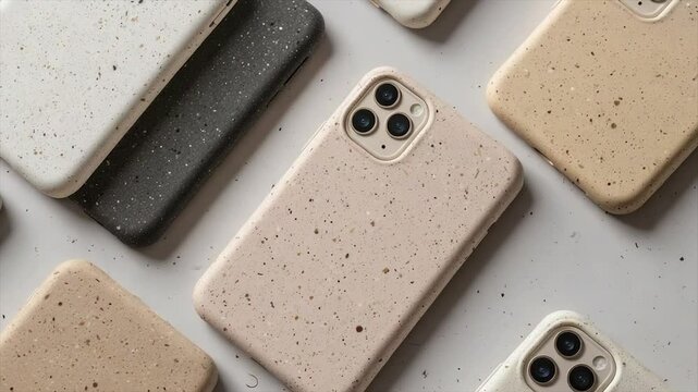 Assorted Recycled Phone Cases.  Variety of neutral colors, speckled patterns,  durable protective covers