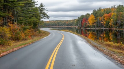 Fototapeta premium Bike path beside lake with reflections of trees and autumn leaves