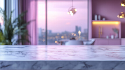 Empty marble kitchen countertop with pink and purple ambient lighting against a blurred home...