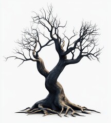 Bare, twisted tree with gnarled branches and roots.  Mature, ancient, and desolate