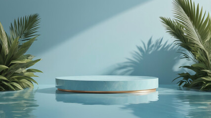Obraz premium Soft reflections surround a pale blue podium with tropical leaves. Peaceful and refreshing setup for nature inspired product presentations.