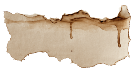 weathered paper with dark coffee stains and drips  isolated on white background