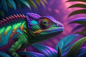 Obraz premium Vibrant colorful chameleon with detailed texture perched amidst lush tropical foliage