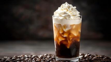 Tall glass of iced coffee with whipped cream on top