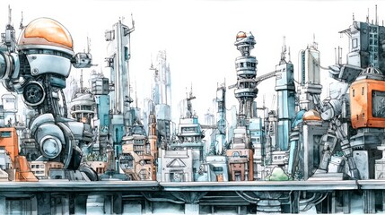 Watercolor Cityscape: Android Metropolis - Futuristic city, androids, technology, urban sprawl, watercolor art. Symbolizing advanced technology, urban development, co-existence, innovation