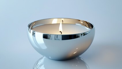 A round, metallic candle holder, with a burning white candle inside.  The holder is a smooth, reflective, silver bowl