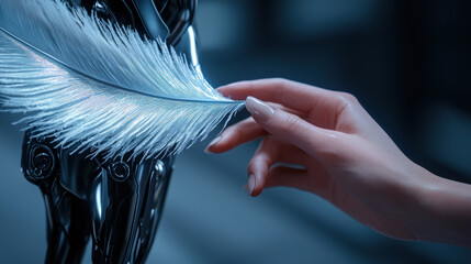 Hand gently touches synthetic feather on metallic figure, creating futuristic and serene atmosphere