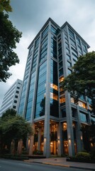 Obraz premium Modern Architecture Building Facade with Glass Windows and Urban Greenery