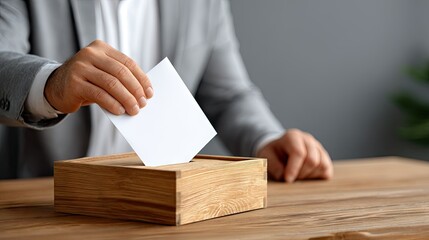 Voting process illustrated by hand casting a ballot into a wooden box in a polling station during an election event