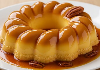 Close up of a flan dessert with caramel sauce and pecans on a white plate in a studio setting