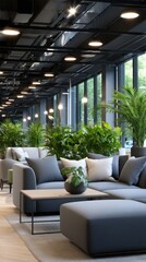 Obraz premium Modern office interior with sofas and green plants, lounge area with contemporary design and natural light, corporate environment