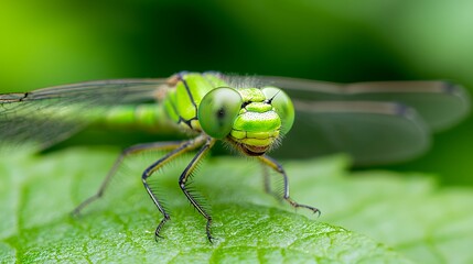 Close Up of a Green Dragonfly Resting on Leaf