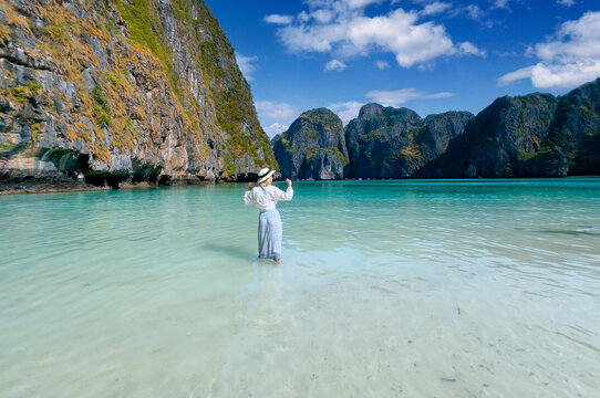 Serene maya bay island in Thailand with crystal clear waters and majestic cliffs