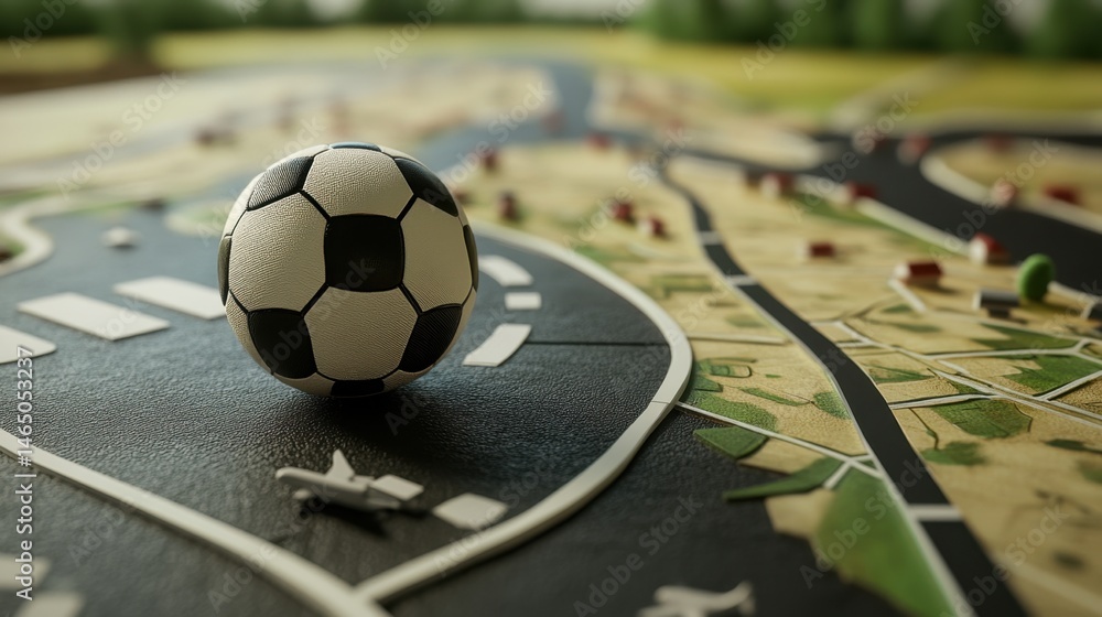 Poster close-up of football on a map showing a journey with connecting flight routes and major cities