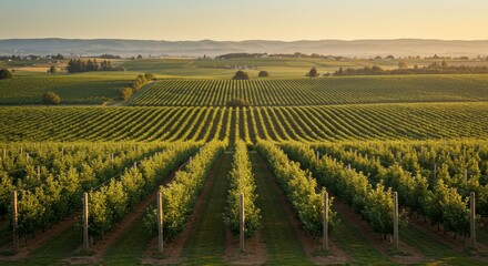 Naklejka premium Picturesque apple orchard landscape showcasing rows under soft golden sunlight