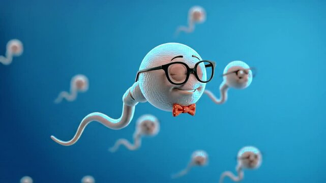 Cute Sperm cartoon with sunglasses and bowtie on blue background.