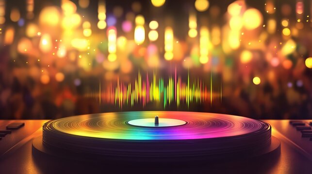 Vibrant vinyl record with rainbow sound waves, evoking the universal joy of music on World Music Day