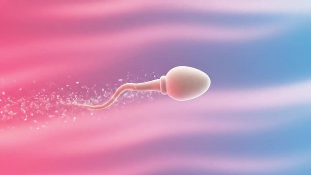 A white 3d sperm cartoon with pink and purple background.