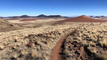 Desert hiking trail winding toward distant dunes under a clear blue sky