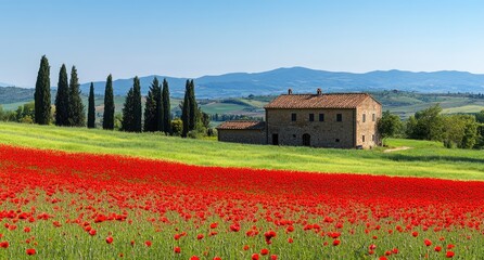Tuscan countryside with a farmhouse and poppies