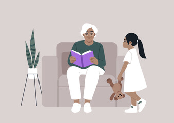 A loving grandmother engages her granddaughter with a captivating story while seated comfortably, surrounded by a soothing atmosphere that sparks imagination and connection