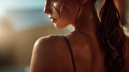 夏の陽射しに濡れた素肌が輝く横顔の女性・ヘルシーな美しさとリアルな質感が魅力のイメージ（美容・コスメ・ライフスタイル）