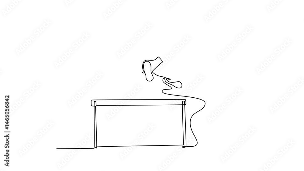 Poster self drawing animation single line draw front view beauty female athlete jumping over the barrier. r