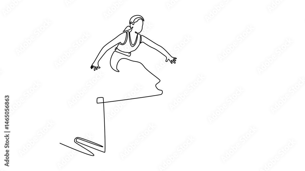 Poster self drawing animation of single line draw athlete jumping over hurdle during training on race track