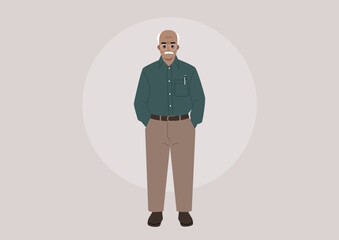 A senior man stands upright, wearing glasses and a neatly pressed shirt, exuding confidence, His balding head highlights a life of experience, complemented by a calm demeanor