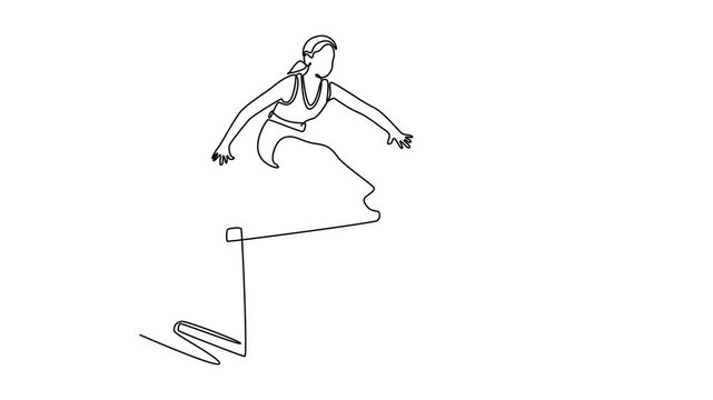 Self drawing animation of single line draw athlete jumping over hurdle during training on race track in athletic stadium. Woman hurdler runner overcoming barrier. Continuous line. Full length animated