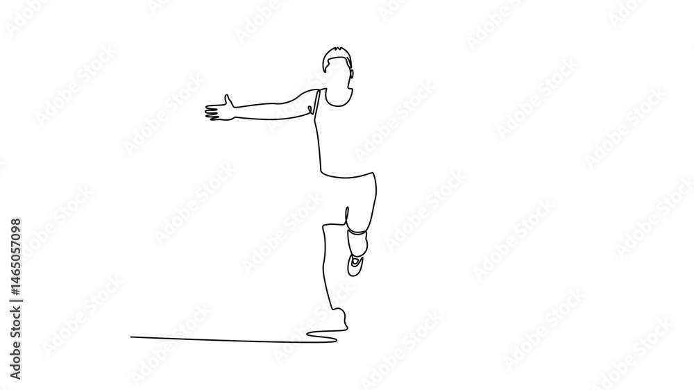 Poster animated self drawing of continuous line draw fit and young man running sprinting to finish line at 