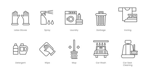 Cleaning  Outline Icons Set – Spray, Vacuum Cleaner, Detergent, Garbage, Ironing, Laundry, Wipe, Car Seat Cleaning, Car Wash, Mop, Editable Stroke.