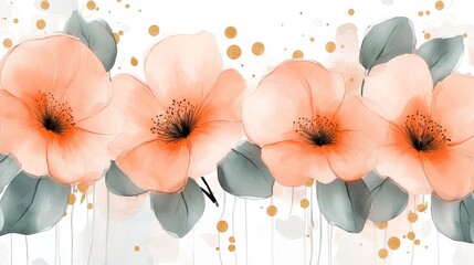 Soft watercolor floral design with delicate peach and pink flowers and leaves